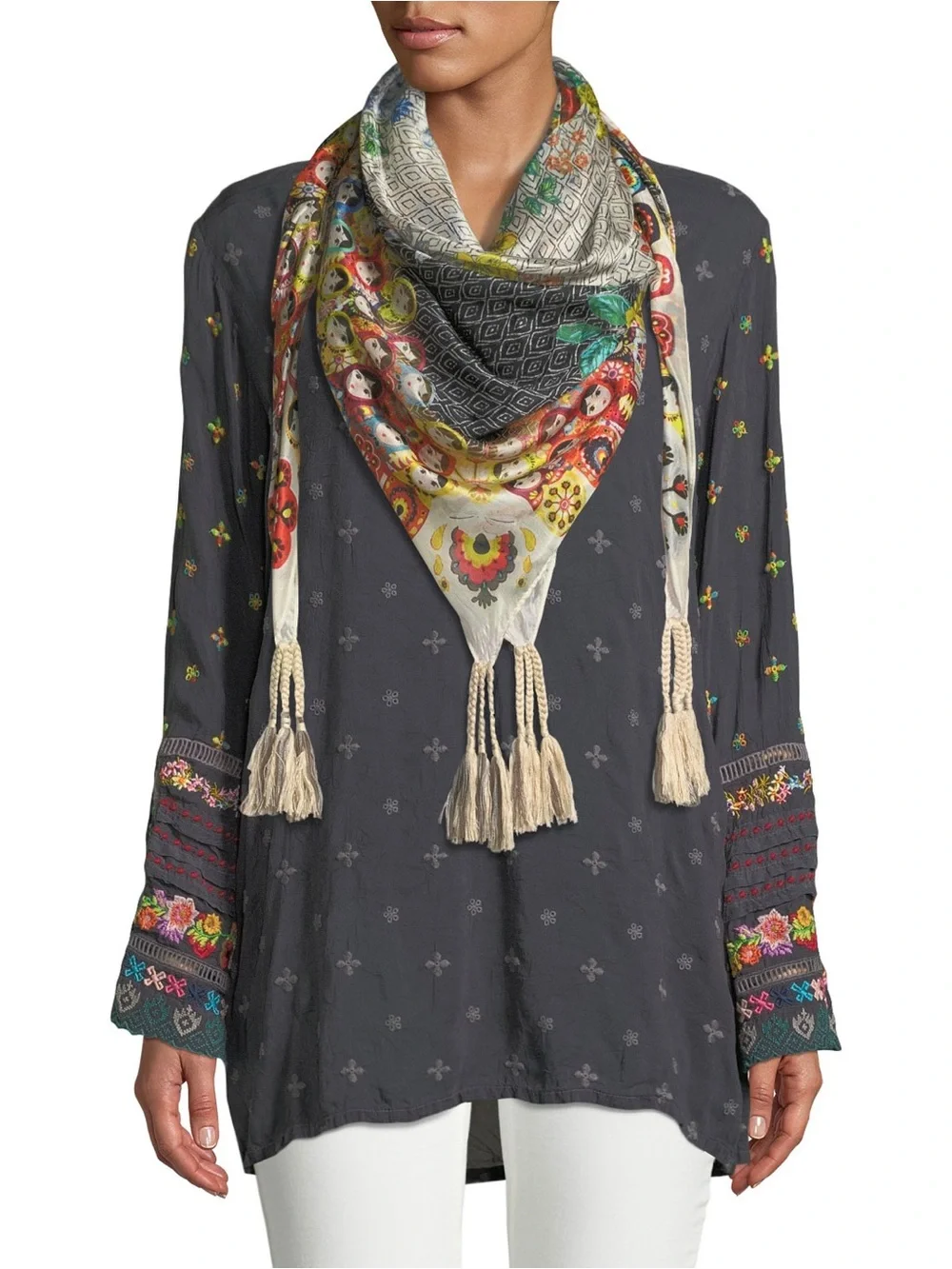 Johnny Was  Cream Multi-Color Floral & Folk Scarf with Tassel
